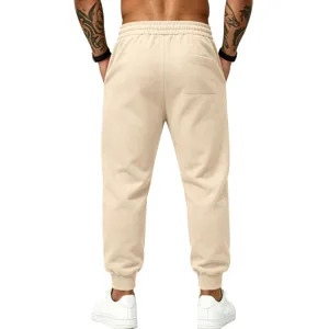 Back detail view of casual beige fleece lined sweatpants showcasing relaxed fit and cozy texture.