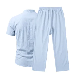 Light blue linen casual short sleeve shirt and straight pants set detail view, back display.