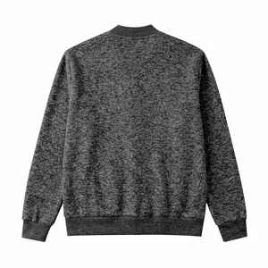 Back view of dark grey heather knit bomber jacket with ribbed collar, cuffs and hem.
