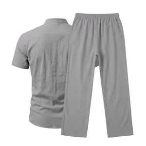 Men's casual linen two-piece set featuring a short-sleeve shirt and straight pants, grey.