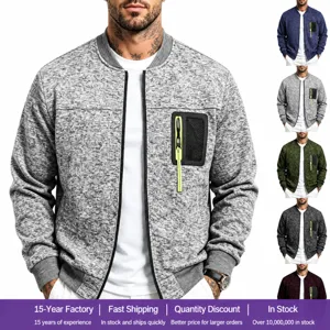 Men's Knitted Baseball Collar Jacket Casual Long Sleeve Zip Pocket Outerwear Solid Color Coat