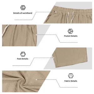 Men casual shorts detail view showing elastic waistband and pocket texture features.