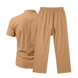 Men's casual linen short-sleeve shirt and straight trousers two-piece set detail view.