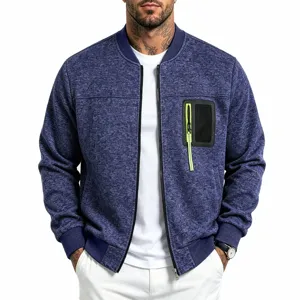 Men Heather Knit Bomber Jacket Casual Full Zip Pocket Autumn Winter Fashion Outerwear