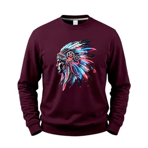 Men's fleece-lined crewneck sweatshirt with cyber Indian chief graphic detail view.