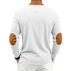 Men's stylish waffle knit long sleeve henley shirt with contrast elbow patches top