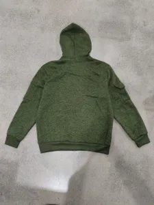 Men's loose heavyweight fleece zip-up hooded sweatshirt, back detail view, vintage outdoor style.