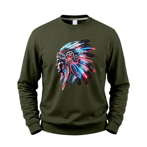 Military green cyberpunk Indian feather graphic men long sleeve casual streetwear crewneck sweatshirt.