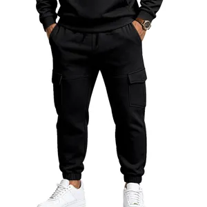 Men's black cargo sweatpants fleece lined casual joggers with pockets and elastic cuffs.