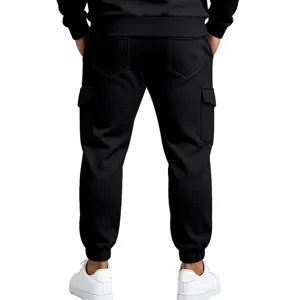 Back view detail of mens black cargo sweatpants with multi pockets and cuffed ankles.