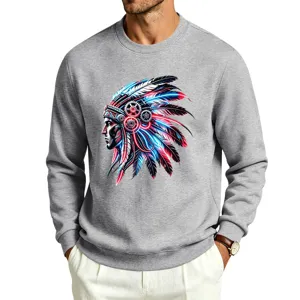 Men fleece-lined crewneck sweatshirt with cyberpunk Indian graphic. Autumn streetwear style.