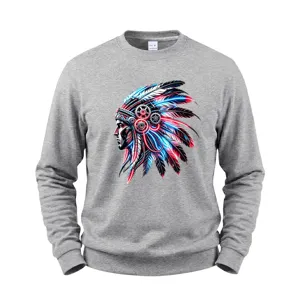 Cyberpunk Indian chief graphic detail on grey crewneck sweatshirt sleeve and chest.