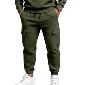 Olive green men's cargo sweatpants detail featuring side pockets and elastic cuffs.