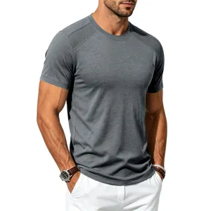 Detailed view of grey short sleeve t-shirt with breathable mesh shoulder panels.