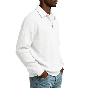 Heren casual lange mouw kwart rits polo sweatshirt met kabelbreisel textuur voor herfst.