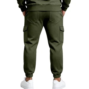Men's casual olive green cargo sweatpants with cozy fleece lining and multiple utility pockets.