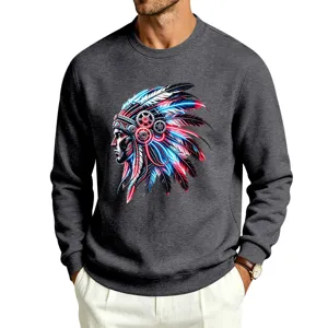 Detailed view of the cyberpunk native chief graphic printed on the dark gray sweatshirt.