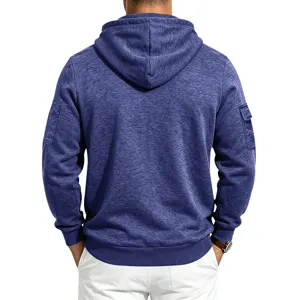 Men's heavyweight fleece hooded sweatshirt, retro cargo style with sleeve pockets for outdoor wear.