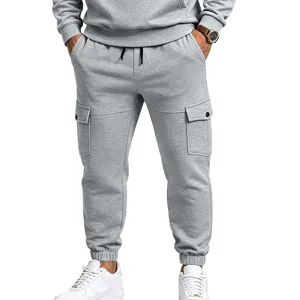 Detailed view of men's grey fleece-lined cargo joggers, comfortable athletic sweatpants.