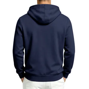 Rückansicht Details von Herren lässigen einfarbigen marineblauen Kapuzenpullover mit Rippbündchen.