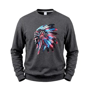Men's fleece crewneck sweatshirt with cyberpunk Indian feather graphic, stylish streetwear.