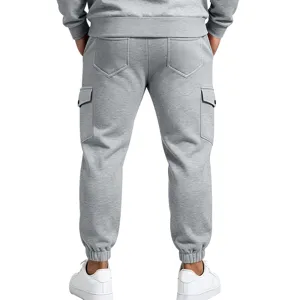 Men's casual fleece cargo sweatpants back view showing pockets and ribbed cuffs detail.