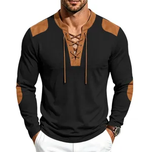 Men's waffle knit long sleeve henley shirt with vintage lace-up front and contrast patches.