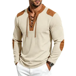 Mens vintage waffle knit long sleeve henley shirt with lace up and stylish suede patchwork.