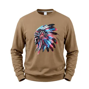 Men's fleece crewneck sweatshirt in khaki featuring a cyberpunk Indian graphic, streetwear.
