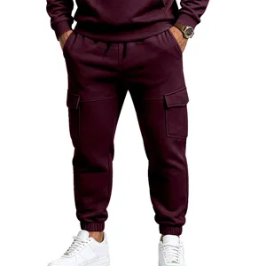Men's fleece-lined cargo sweatpants in burgundy, comfortable casual winter jogger pants with pockets.