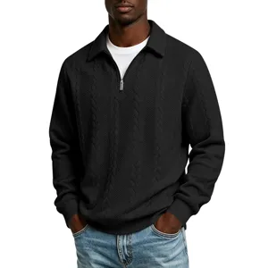 Heren zware kabelbreisel kwart rits polo sweatshirt, comfortabele zwarte trui.