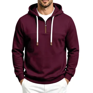 Herren lässiger Viertel-Reißverschluss Hoodie in Burgunder mit weißen Kordeln, Herbst.