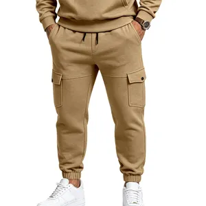 Men's casual fleece-lined cargo sweatpants in camel with side pockets and elastic cuffs.