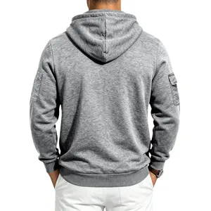 Back detail view of casual men's grey fleece-lined hoodie featuring practical sleeve pockets.