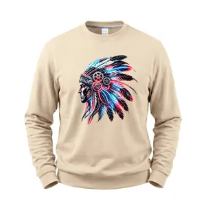 Fleece lined men crewneck sweatshirt with trendy cyber Indian chief graphic street style apparel.