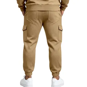 Detailed back view of men's casual fleece-lined cargo sweatpants in stylish khaki color.