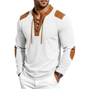 Men's vintage waffle knit long sleeve Henley shirt with brown contrast patches and lace up front.