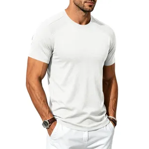Close-up detail of men's white short-sleeve t-shirt with mesh raglan paneling design.