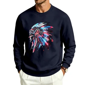 Close-up view of the graphic print and ribbed crewneck collar on the dark blue fleece sweatshirt.