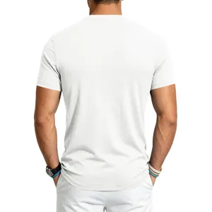 Back view detail of a plain white short sleeve crew neck t-shirt with curved hem design.