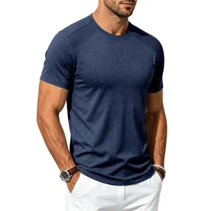 Detail shot of men's blue mesh panel crewneck short sleeve t-shirt, breathable summer athletic top.