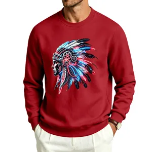 Men's fleece crewneck sweatshirt with vintage Indian graphic print, high street style.