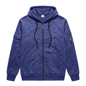 Detail view of the men's blue fleece zip-up hoodie featuring chest and sleeve pockets.
