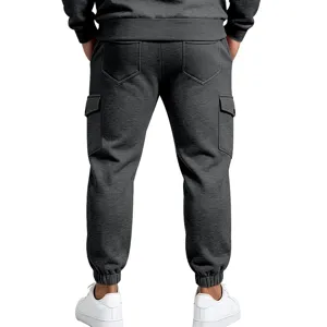 Detailed back view of dark grey fleece cargo sweatpants featuring utility pockets and ribbed cuffs.