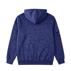 Back view of mens fleece hoodie in dark blue melange, featuring hood and sleeve utility pocket.