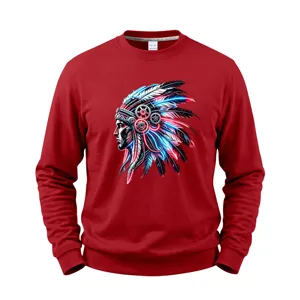 Cyberpunk Native American Chief Graphic Fleece Sweatshirt Men Casual Red Pullover Top