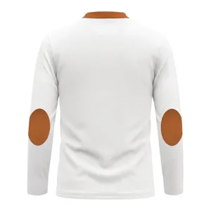 Detailed view of the back of a white waffle knit long sleeve shirt with elbow patches.