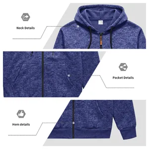 Detailed view of men's blue fleece lined zip hoodie showing neck, pocket and hem features.