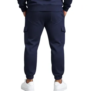 Detail view of men's heavy fleece-lined cargo sweatpants with side pockets and elastic cuffs.
