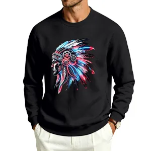 Men fleece crewneck sweatshirt featuring cyber Indian graphic print for autumn street wear.